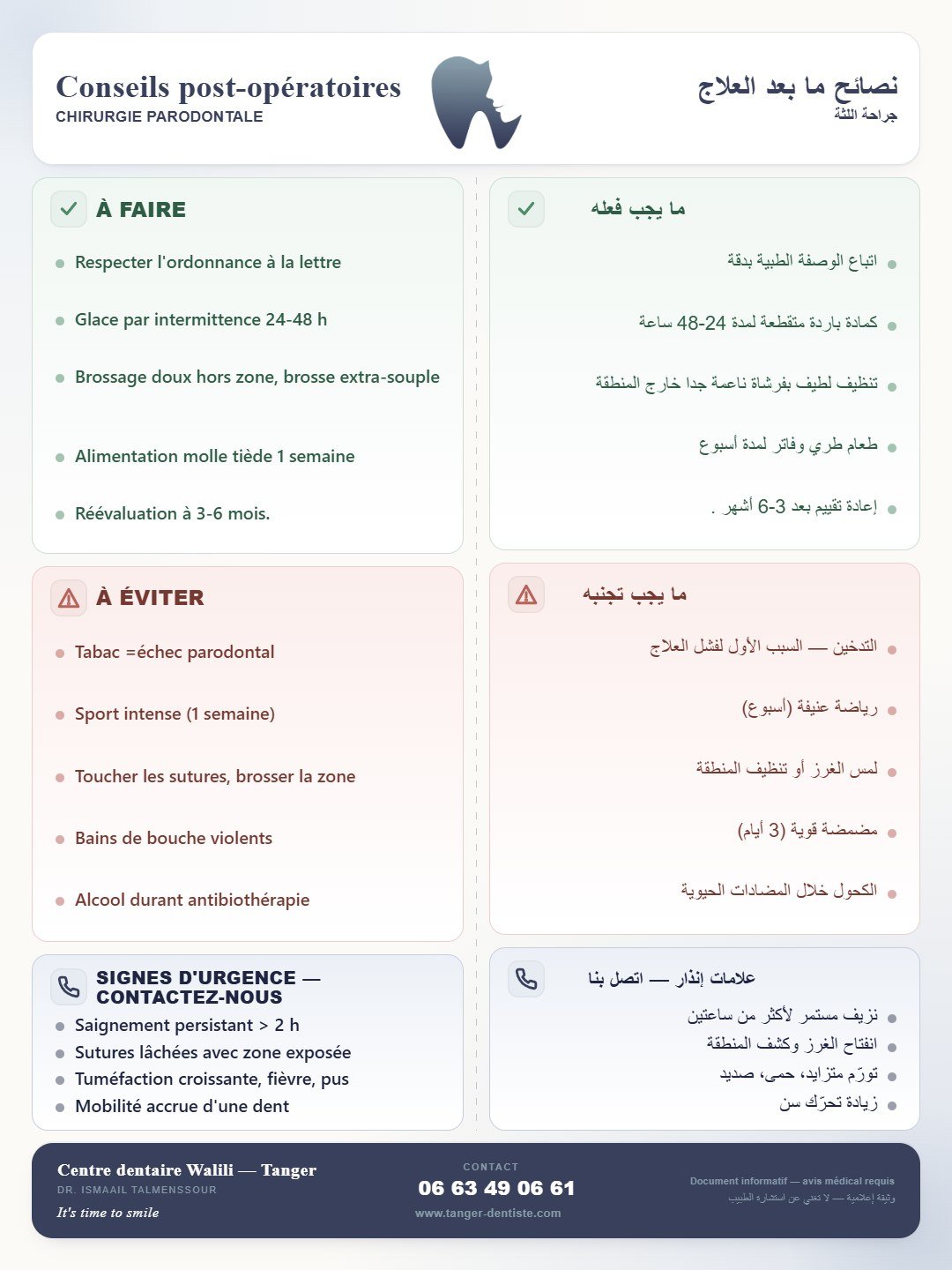 Infographie : Conseils chirurgie parodontale — Centre Dentaire Walili Tanger