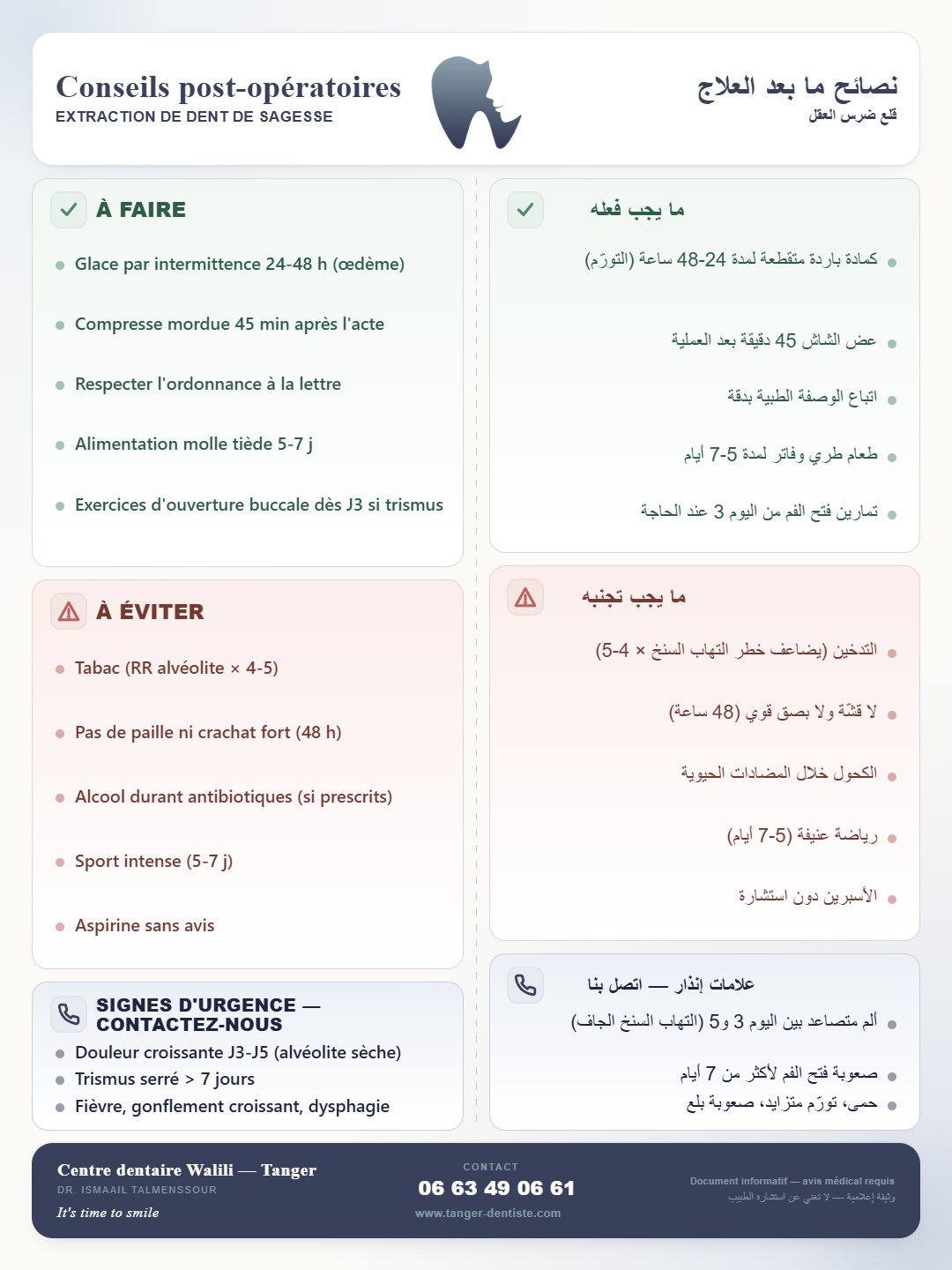 Infographie : Conseils après extraction dent de sagesse — Centre Dentaire Walili Tanger