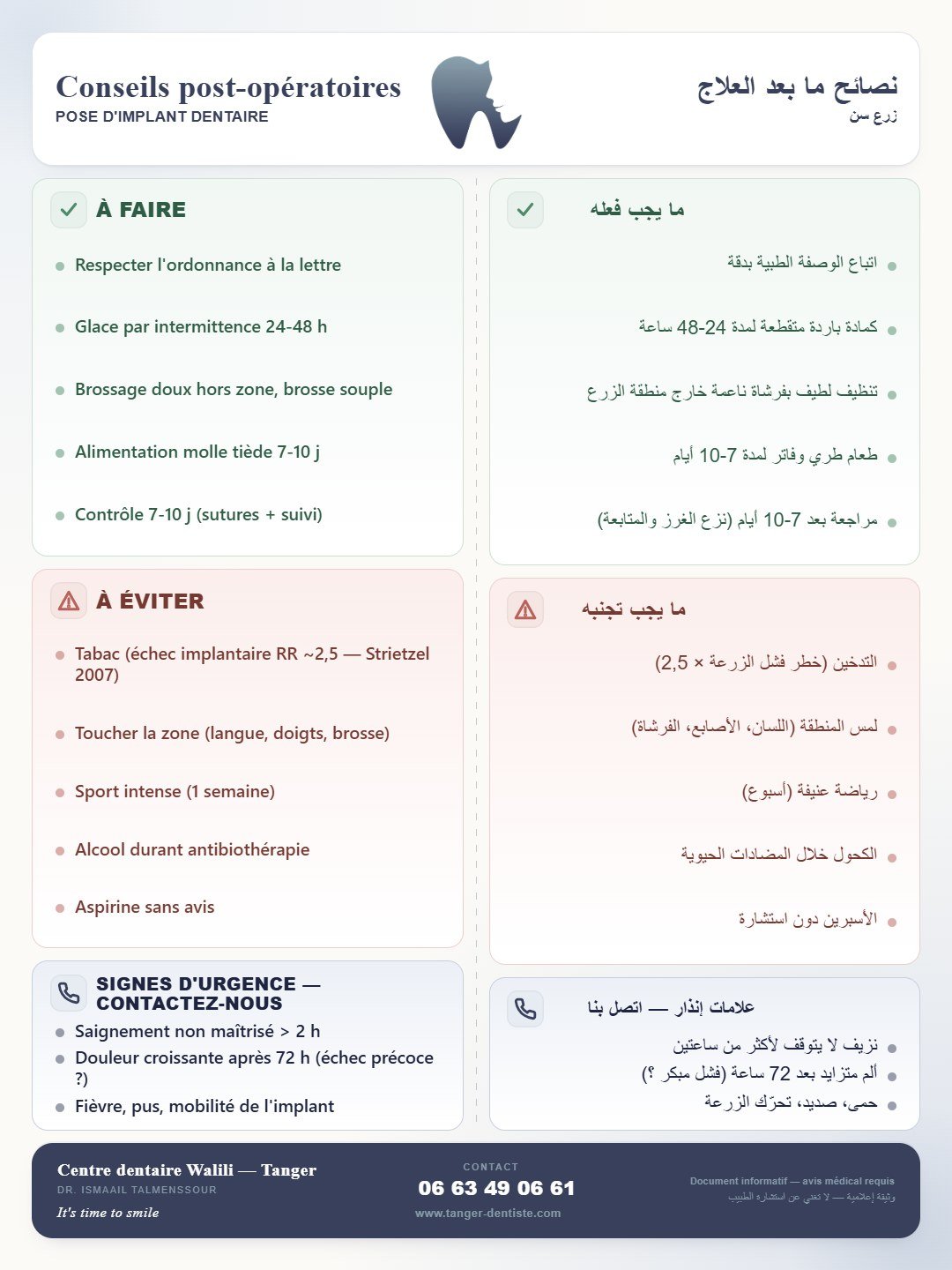 Infographie : Conseils après pose d'implant dentaire — Centre Dentaire Walili Tanger